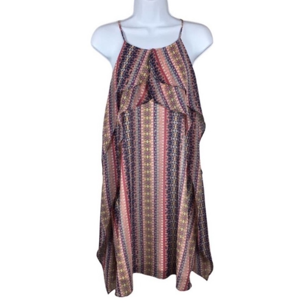 BCBGMaxAzria Dress Multi-Color Printed Ruffle Sleeveless Mini Dress, Size L